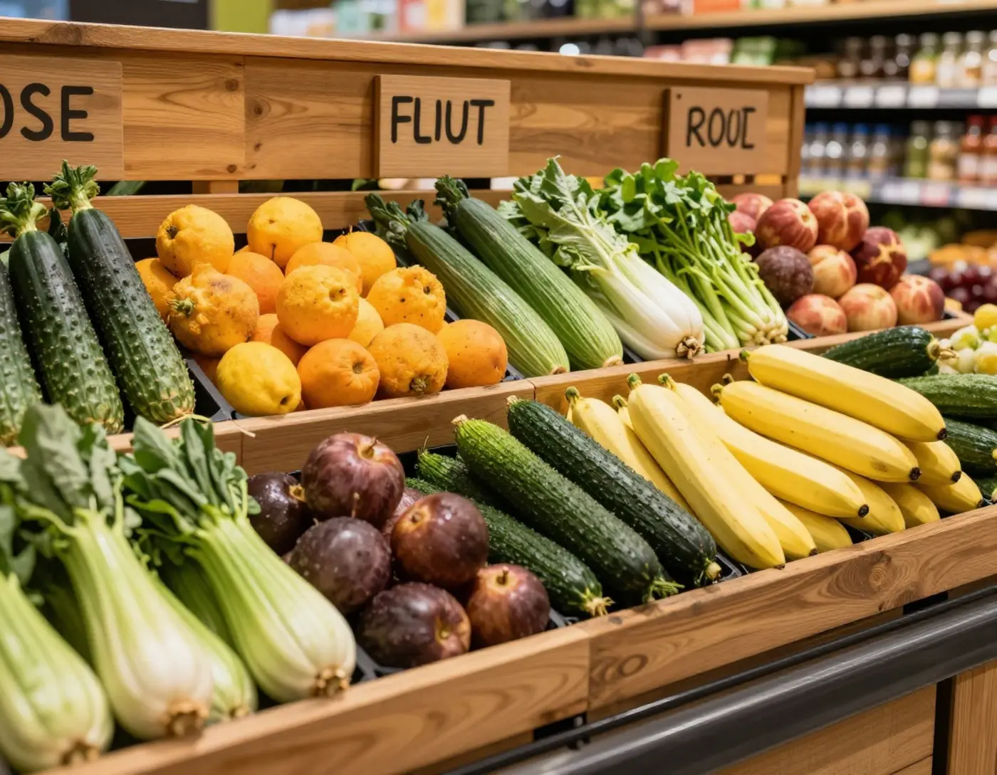 Étal de fruits et légumes avec pancartes d'origine dans un supermarché