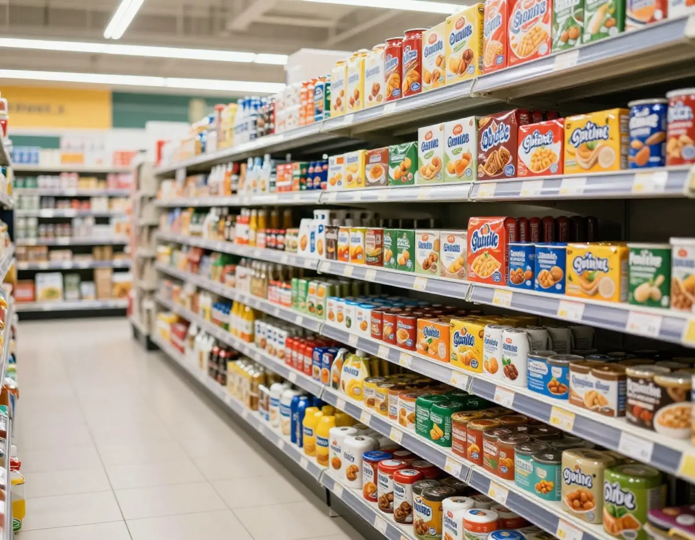 Rayon de supermarché avec étiquettes promotionnelles colorées sur des produits
