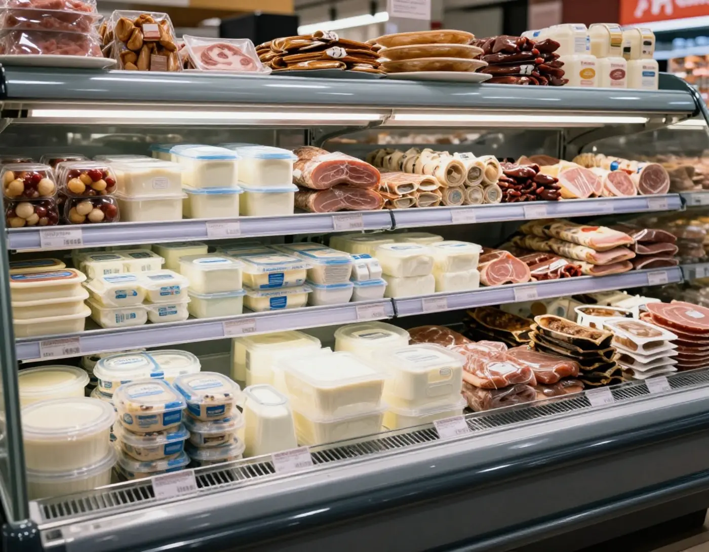 Vitrine réfrigérée de produits laitiers et charcuterie dans un supermarché
