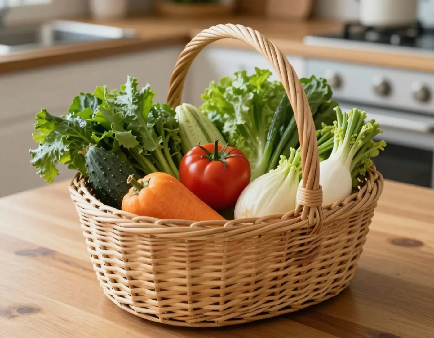 Cabas de courses rempli de produits frais posé sur une table de cuisine