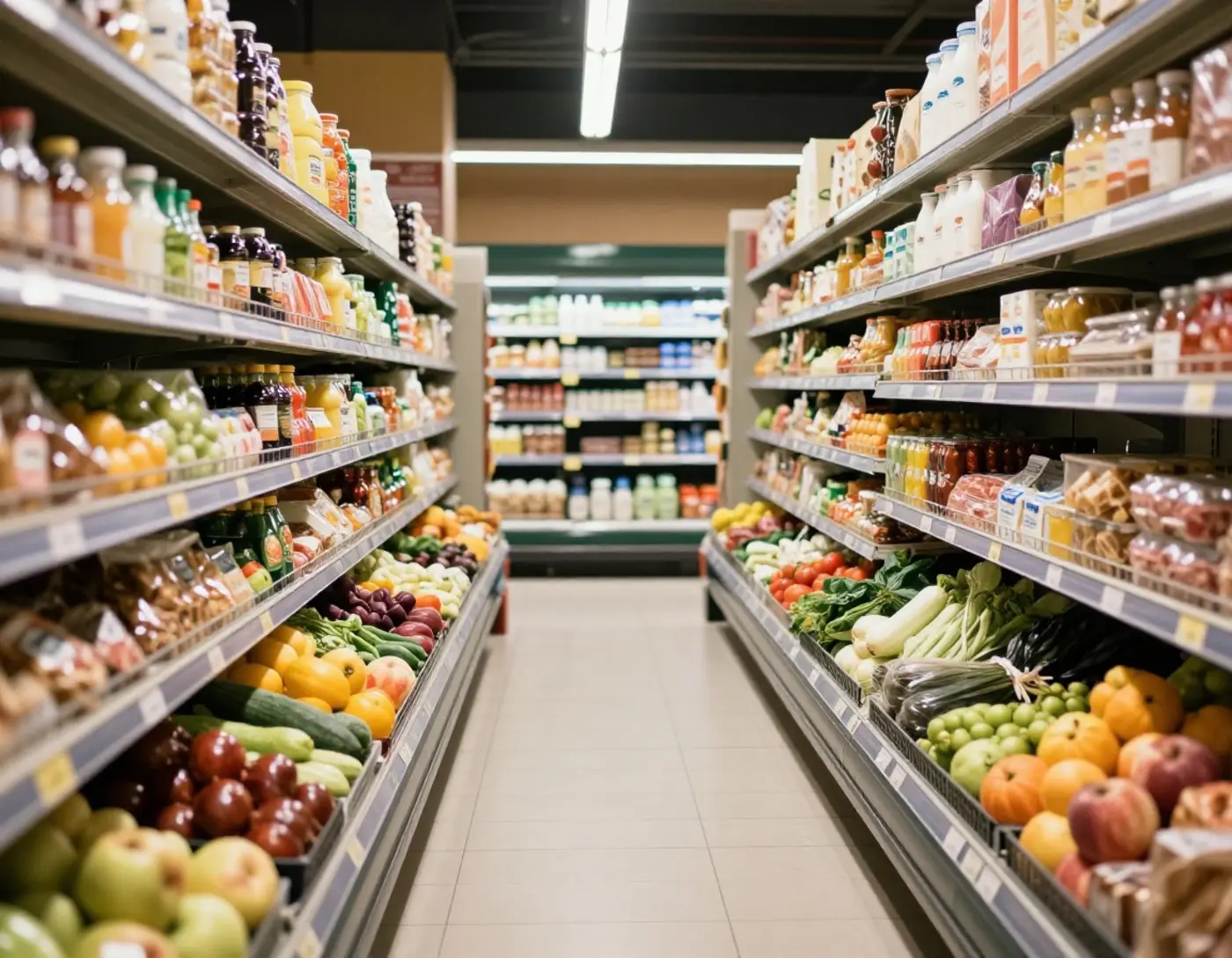 Rayon frais d'un supermarché de quartier avec une allée étroite et des produits frais