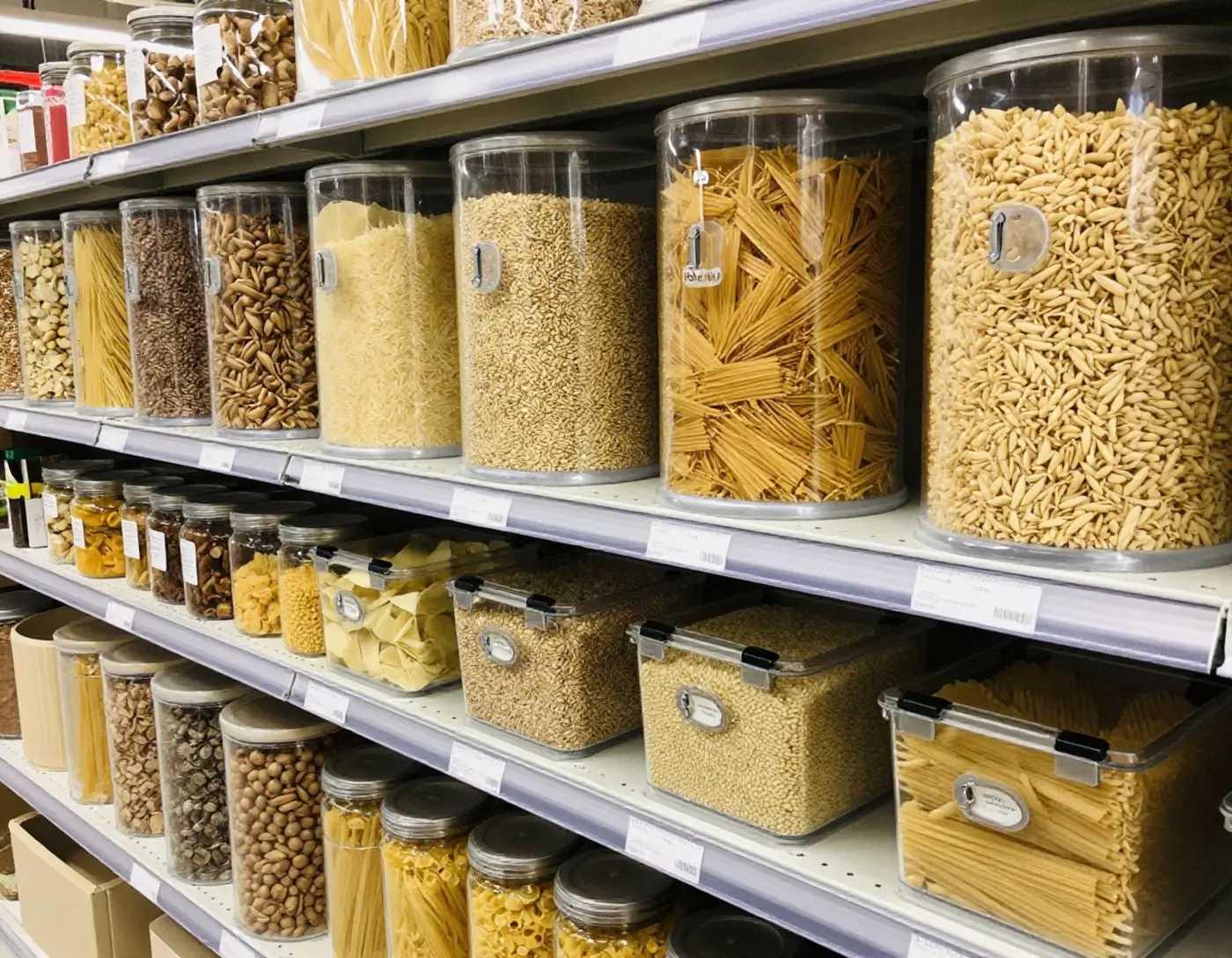 Distributeurs de vrac en supermarché avec bocaux et pâtes en grains
